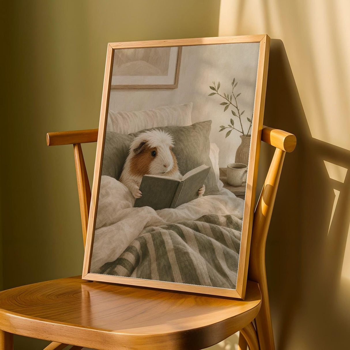 White Crested Guinea Pig Reading in Bed Poster | Nordic Gouache Guinea Pig Wall Art | Warm Neutral Bedroom Decor | Cozy Nook Print