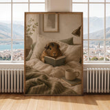 Abyssinian Guinea Pig Reading in Bed Poster | Modern Gouache Guinea Pig Wall Art | Warm Beige Soft Ivory Decor | Cozy Bedroom Print