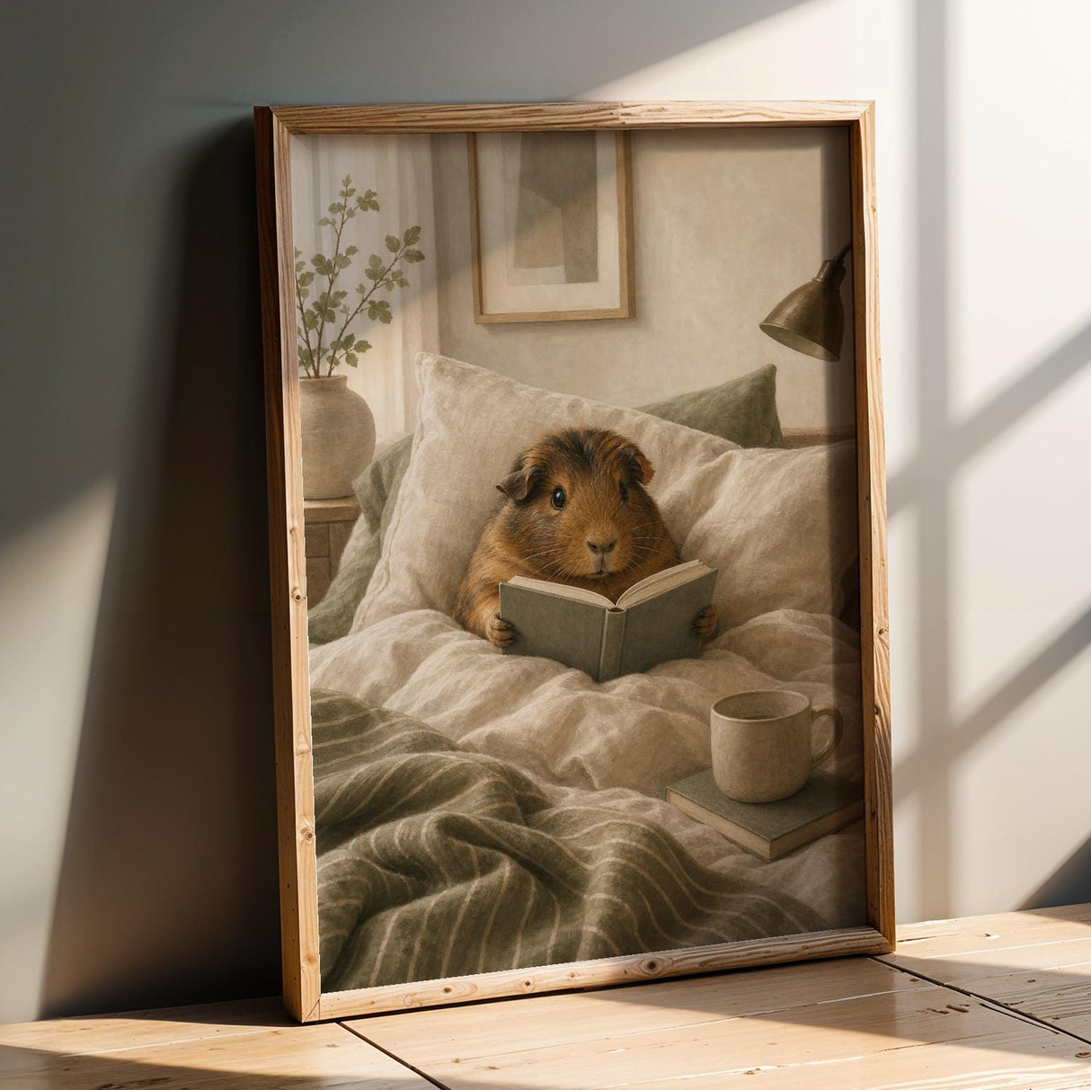 Abyssinian Guinea Pig Reading in Bed Poster | Modern Gouache Guinea Pig Wall Art | Warm Beige Soft Ivory Decor | Cozy Bedroom Print