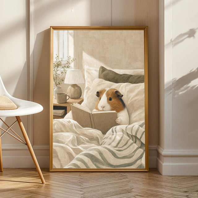 American Guinea Pig Reading in Bed Poster | Nordic Gouache Guinea Pig Wall Art | Warm Beige Oat Milk Decor | Cozy Minimalist Bedroom Print