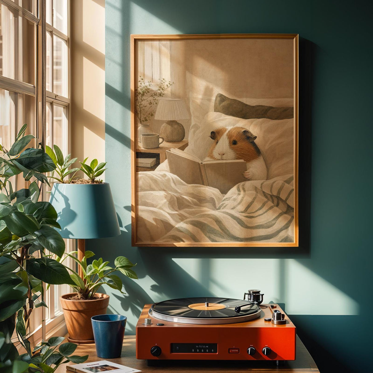 American Guinea Pig Reading in Bed Poster | Nordic Gouache Guinea Pig Wall Art | Warm Beige Oat Milk Decor | Cozy Minimalist Bedroom Print