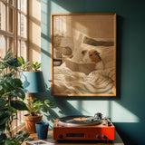 American Guinea Pig Reading in Bed Poster | Nordic Gouache Guinea Pig Wall Art | Warm Beige Oat Milk Decor | Cozy Minimalist Bedroom Print