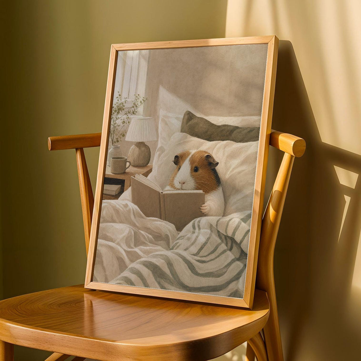 American Guinea Pig Reading in Bed Poster | Nordic Gouache Guinea Pig Wall Art | Warm Beige Oat Milk Decor | Cozy Minimalist Bedroom Print