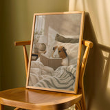 American Guinea Pig Reading in Bed Poster | Nordic Gouache Guinea Pig Wall Art | Warm Beige Oat Milk Decor | Cozy Minimalist Bedroom Print
