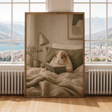 Alpaca Guinea Pig Reading in Bed Poster | Scandinavian Gouache Guinea Pig Wall Art | Warm Beige Oat Milk Decor | Cozy Nordic Bedroom Print