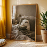 Silkie Guinea Pig Reading in Bed Poster | Modern Gouache Guinea Pig Wall Art | Warm Beige Oat Milk Decor | Cozy Minimalist Bedroom Print