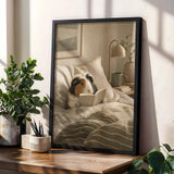 Coronet Guinea Pig Reading in Bed Poster | Scandinavian Gouache Guinea Pig Wall Art | Warm Beige Oat Milk Decor | Cozy Bedroom Print