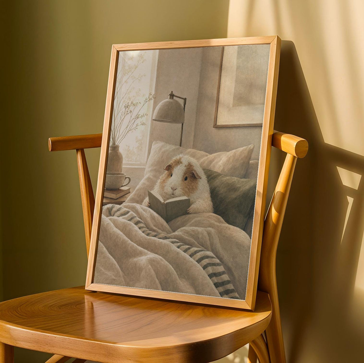 Texel Guinea Pig Reading in Bed Poster | Modern Soft Gouache Guinea Pig Wall Art | Warm Beige Oat Milk Decor | Cozy Minimalist Bedroom Print