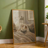 Texel Guinea Pig Reading in Bed Poster | Modern Soft Gouache Guinea Pig Wall Art | Warm Beige Oat Milk Decor | Cozy Minimalist Bedroom Print