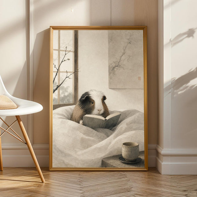 White Guinea Pig Reading in Bed Poster | Japanese Zen Ink Wash Guinea Pig Wall Art | Warm Ivory Neutral Decor | Minimalist Bedroom Print