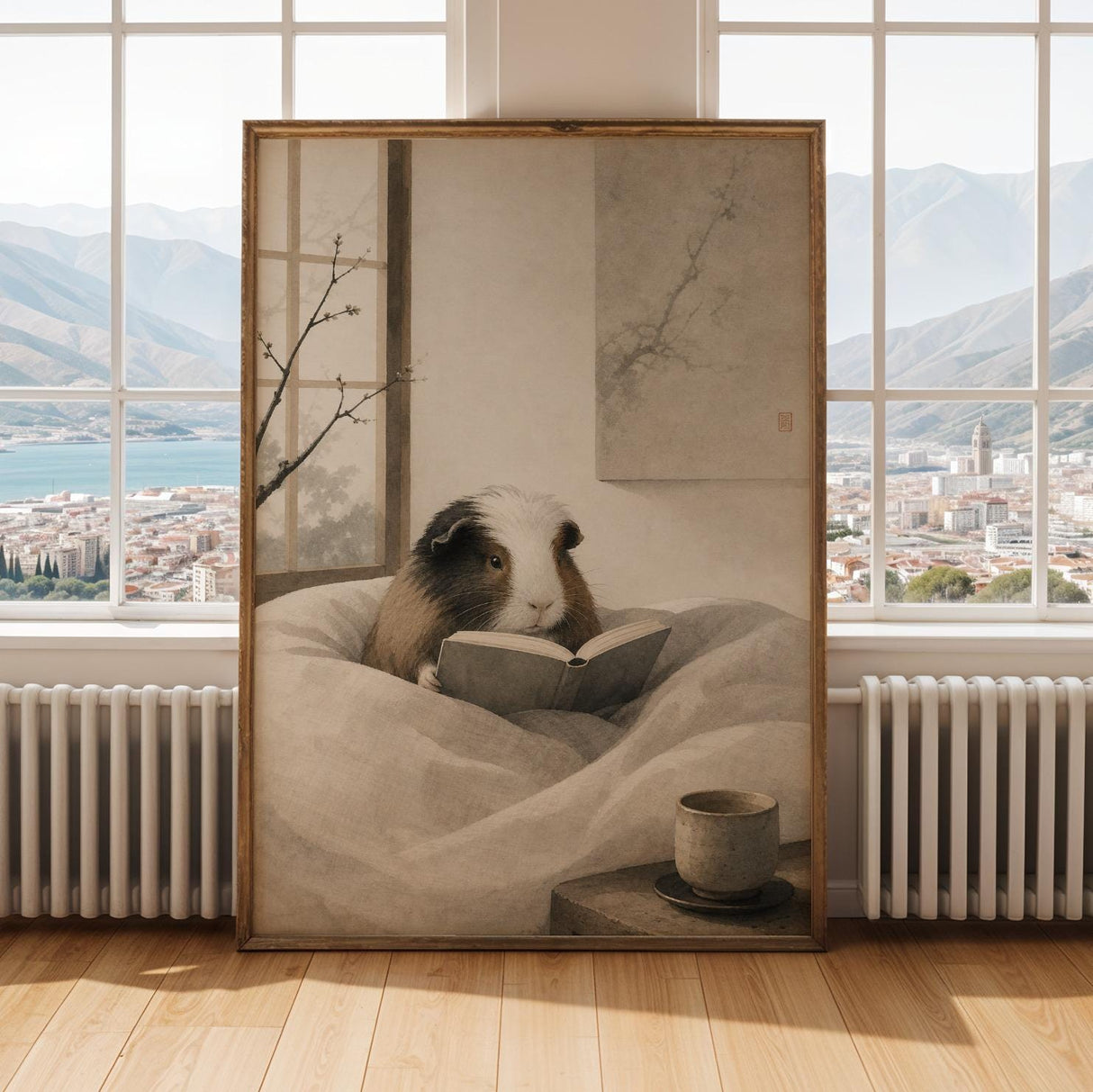 White Guinea Pig Reading in Bed Poster | Japanese Zen Ink Wash Guinea Pig Wall Art | Warm Ivory Neutral Decor | Minimalist Bedroom Print