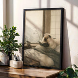 Himalayan Guinea Pig Reading in Bed Poster | Japanese Zen Sumi-e Guinea Pig Wall Art | Warm Ivory Fog Gray Decor | Minimalist Bedroom Print