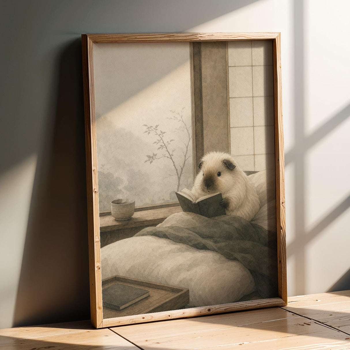 Himalayan Guinea Pig Reading in Bed Poster | Japanese Zen Sumi-e Guinea Pig Wall Art | Warm Ivory Fog Gray Decor | Minimalist Bedroom Print