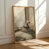 Himalayan Guinea Pig Reading in Bed Poster | Japanese Zen Sumi-e Guinea Pig Wall Art | Warm Ivory Fog Gray Decor | Minimalist Bedroom Print