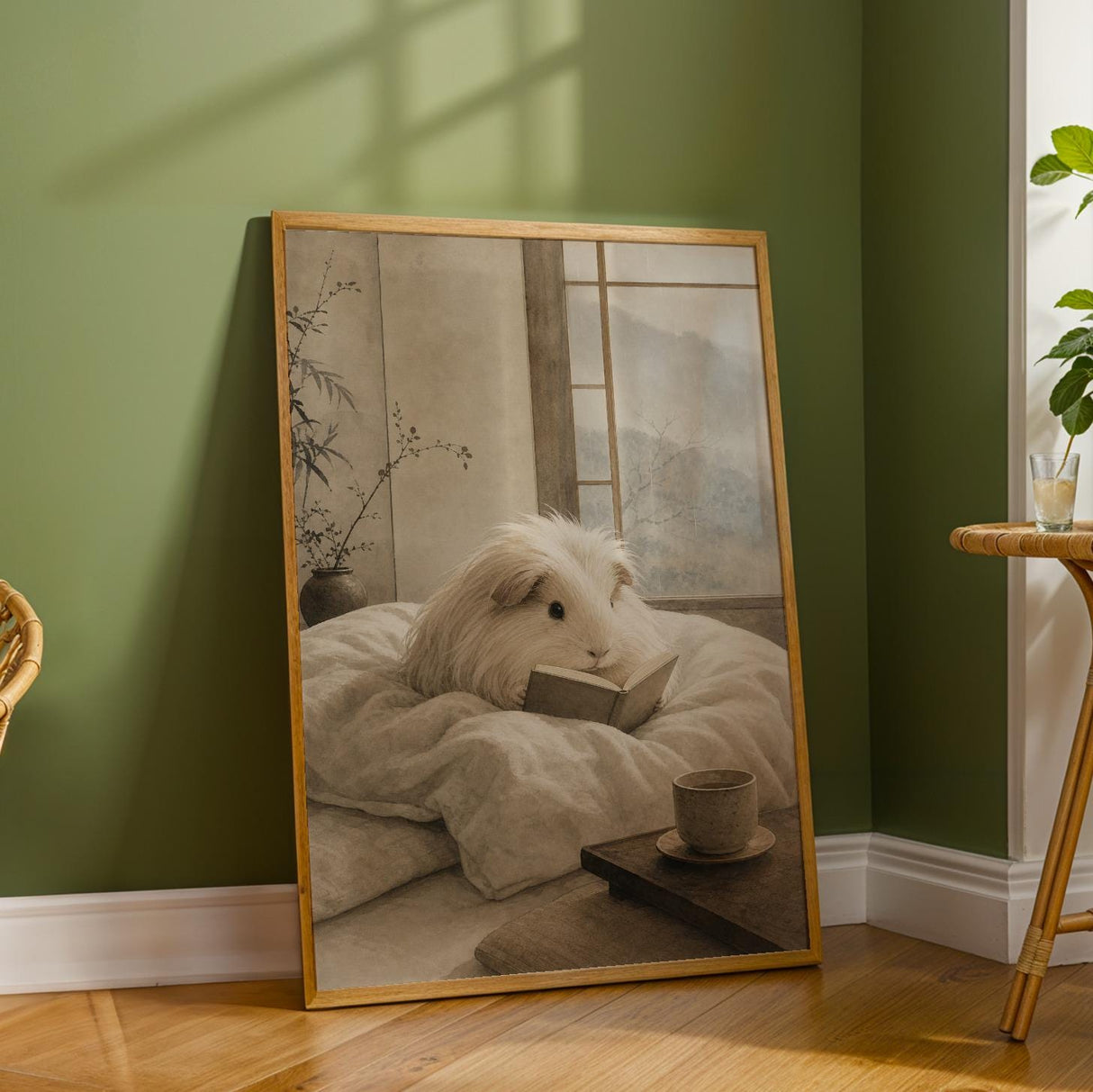 Silkie Guinea Pig Reading in Bed Poster | Japanese Zen Sumi-e Guinea Pig Wall Art | Warm Ivory Fog Gray Decor | Minimalist Bedroom Print