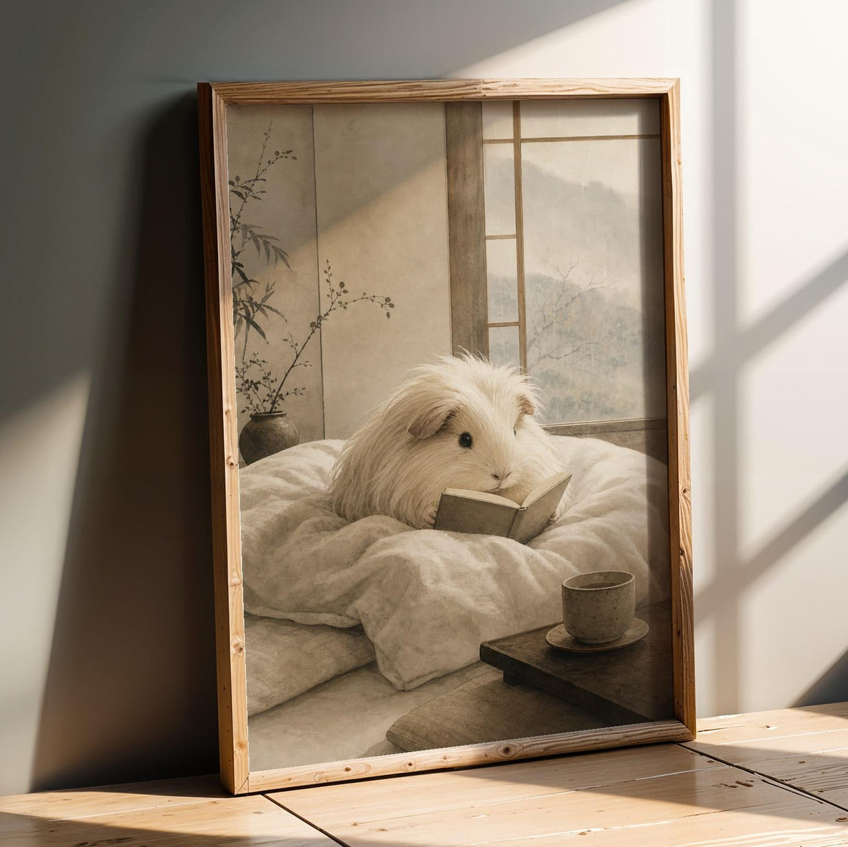 Silkie Guinea Pig Reading in Bed Poster | Japanese Zen Sumi-e Guinea Pig Wall Art | Warm Ivory Fog Gray Decor | Minimalist Bedroom Print