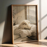 Silkie Guinea Pig Reading in Bed Poster | Japanese Zen Sumi-e Guinea Pig Wall Art | Warm Ivory Fog Gray Decor | Minimalist Bedroom Print