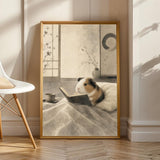 American Guinea Pig Reading in Bed Poster | Japanese Zen Ink Wash Guinea Pig Wall Art | Warm Ivory Fog Gray Decor | Minimalist Bedroom Print