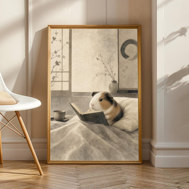 American Guinea Pig Reading in Bed Poster | Japanese Zen Ink Wash Guinea Pig Wall Art | Warm Ivory Fog Gray Decor | Minimalist Bedroom Print
