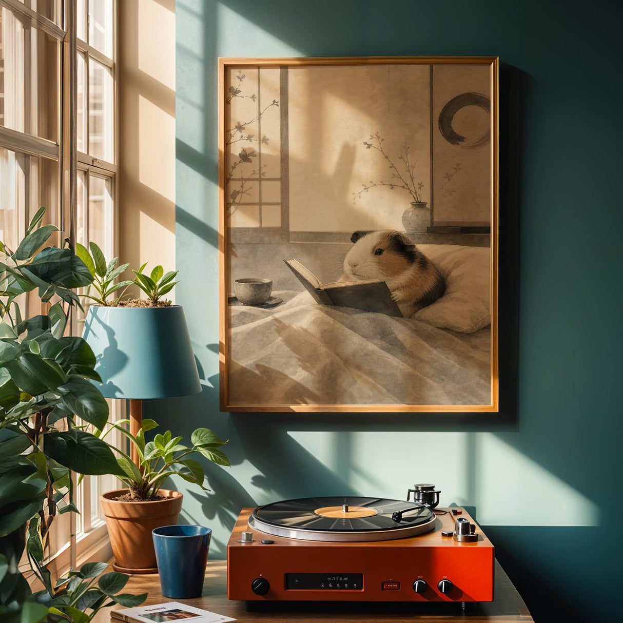 American Guinea Pig Reading in Bed Poster | Japanese Zen Ink Wash Guinea Pig Wall Art | Warm Ivory Fog Gray Decor | Minimalist Bedroom Print