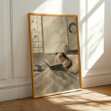 American Guinea Pig Reading in Bed Poster | Japanese Zen Ink Wash Guinea Pig Wall Art | Warm Ivory Fog Gray Decor | Minimalist Bedroom Print