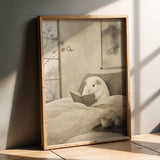 White Guinea Pig Reading in Bed Poster | Japanese Zen Sumi-e Guinea Pig Wall Art | Warm Ivory Fog Gray Decor | Minimalist Bedroom Print