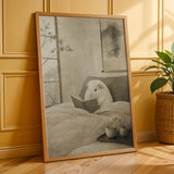 White Guinea Pig Reading in Bed Poster | Japanese Zen Sumi-e Guinea Pig Wall Art | Warm Ivory Fog Gray Decor | Minimalist Bedroom Print