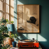 Black Guinea Pig Reading in Bed Poster | Japanese Zen Sumi-e Guinea Pig Wall Art | Warm Ivory Fog Gray Decor | Minimalist Bedroom Print