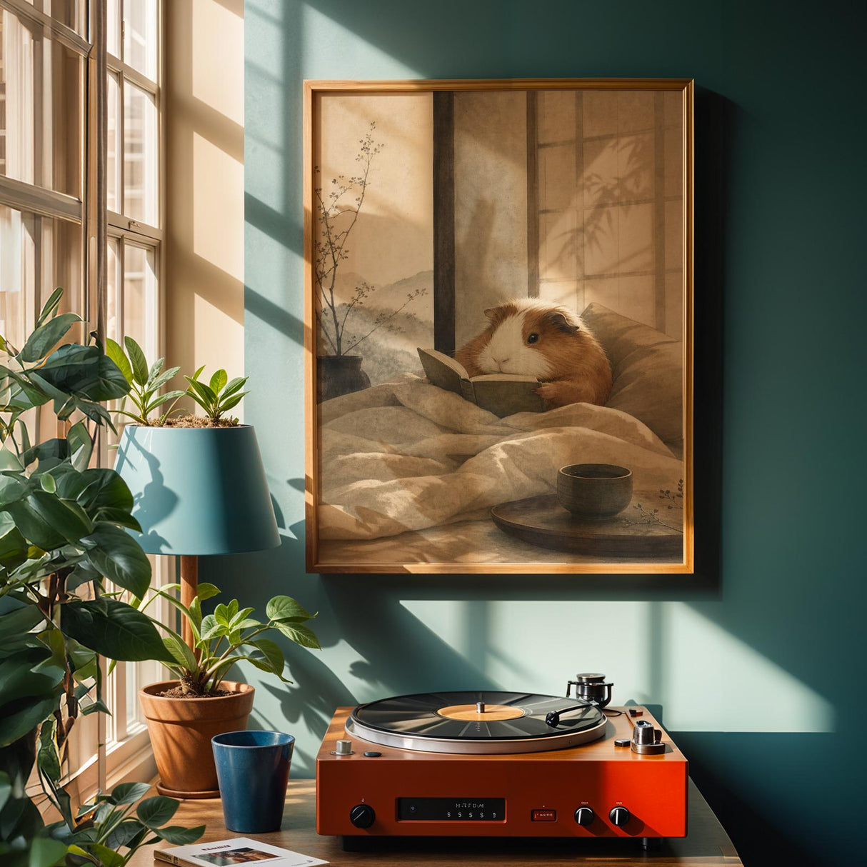Coronet Guinea Pig Reading in Bed Poster | Japanese Zen Sumi-e Guinea Pig Wall Art | Warm Ivory Fog Gray Decor | Minimalist Bedroom Print