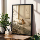 Teddy Guinea Pig Reading in Bed Poster | Japanese Zen Sumi-e Guinea Pig Wall Art | Warm Ivory Fog Gray Decor | Minimalist Bedroom Print
