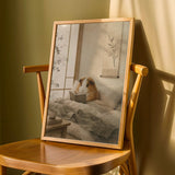 Teddy Guinea Pig Reading in Bed Poster | Japanese Zen Sumi-e Guinea Pig Wall Art | Warm Ivory Fog Gray Decor | Minimalist Bedroom Print