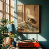 Sheltie Guinea Pig Reading in Bed Poster | Japanese Zen Ink Wash Guinea Pig Wall Art | Warm Ivory Fog Gray Decor | Living Room Print