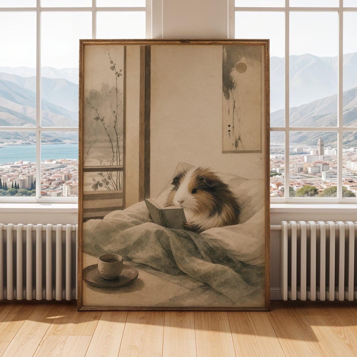 Sheltie Guinea Pig Reading in Bed Poster | Japanese Zen Ink Wash Guinea Pig Wall Art | Warm Ivory Fog Gray Decor | Living Room Print