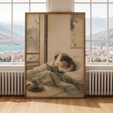 Sheltie Guinea Pig Reading in Bed Poster | Japanese Zen Ink Wash Guinea Pig Wall Art | Warm Ivory Fog Gray Decor | Living Room Print