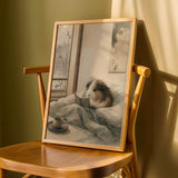 Sheltie Guinea Pig Reading in Bed Poster | Japanese Zen Ink Wash Guinea Pig Wall Art | Warm Ivory Fog Gray Decor | Living Room Print