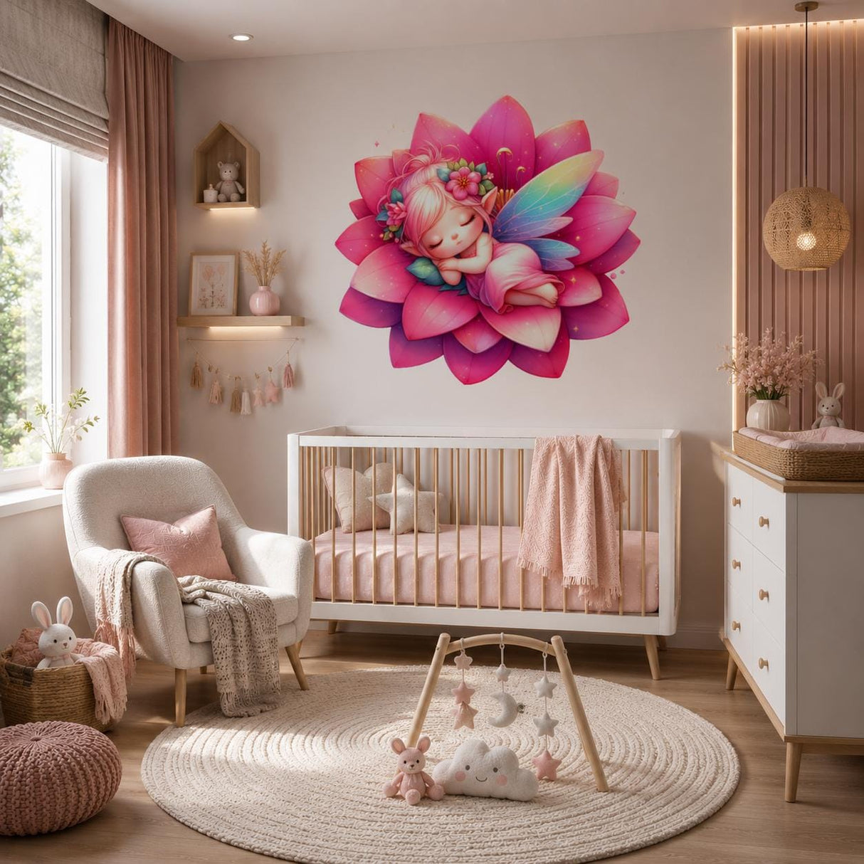 Sleeping Fairy Wall Vinyl Decal | Cute Pink Lotus Flower Fairy Sticker | Nursery Bedroom Wall Art | Whimsical Baby Girl Room Decor