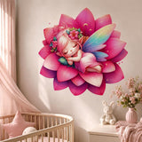 Sleeping pink-haired fairy with delicate wings resting on a large pink lotus flower with sparkly accents, shown as wall vinyl decal art.