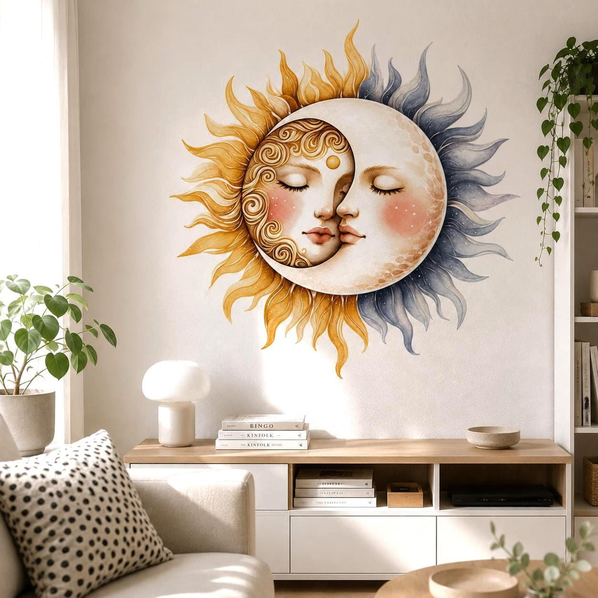 Sun and Moon Wall Vinyl Decal | Celestial Face Sticker | Boho Astrology Wall Art | Nursery Bedroom Living Room Decor | Watercolor Sky