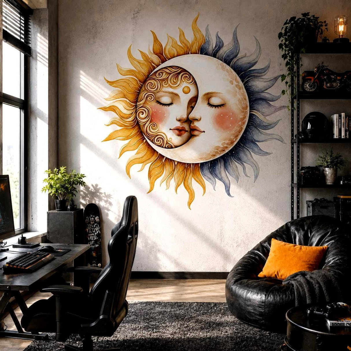 Sun and Moon Wall Vinyl Decal | Celestial Face Sticker | Boho Astrology Wall Art | Nursery Bedroom Living Room Decor | Watercolor Sky