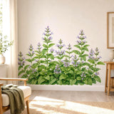 Watercolor-style wall vinyl decal of a lush lemon balm (melissa) plant with green leaves and small light purple flowers arranged like a herb garden patch.