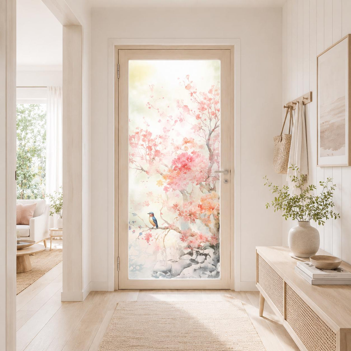 Etched Glass Door Vinyl Decal Cherry Blossoms | Frosted Floral Window Film | Privacy Glass Sticker | Entry Door Bath Decor | Bird Art ZenSpa