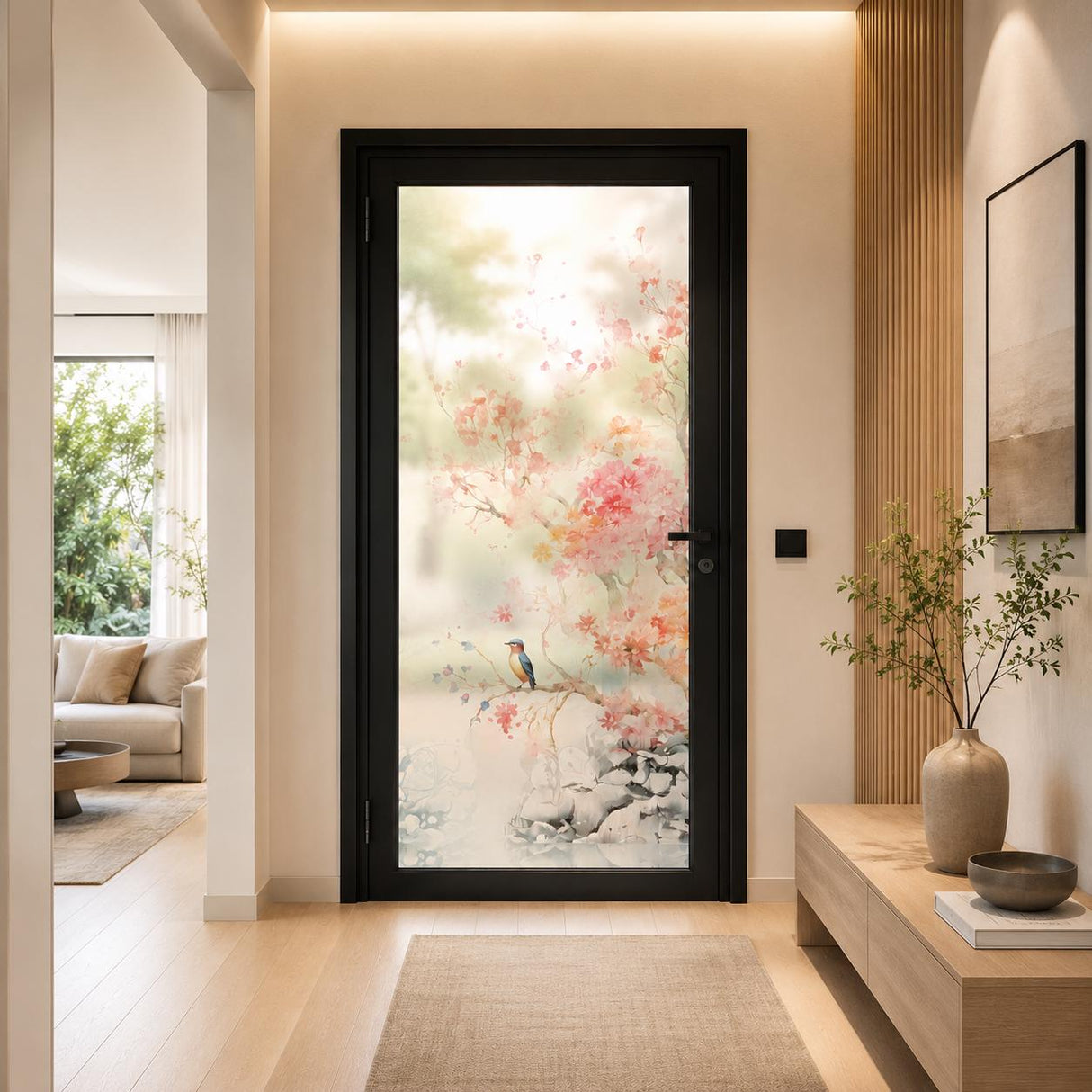 Etched Glass Door Vinyl Decal Cherry Blossoms | Frosted Floral Window Film | Privacy Glass Sticker | Entry Door Bath Decor | Bird Art ZenSpa