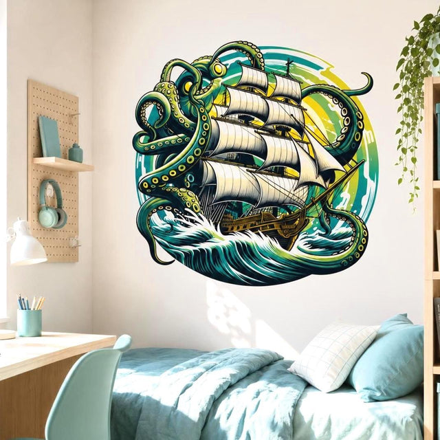 Wall vinyl decal artwork of a sailing ship surrounded by kraken octopus tentacles and crashing ocean waves in bold teal and green tones.