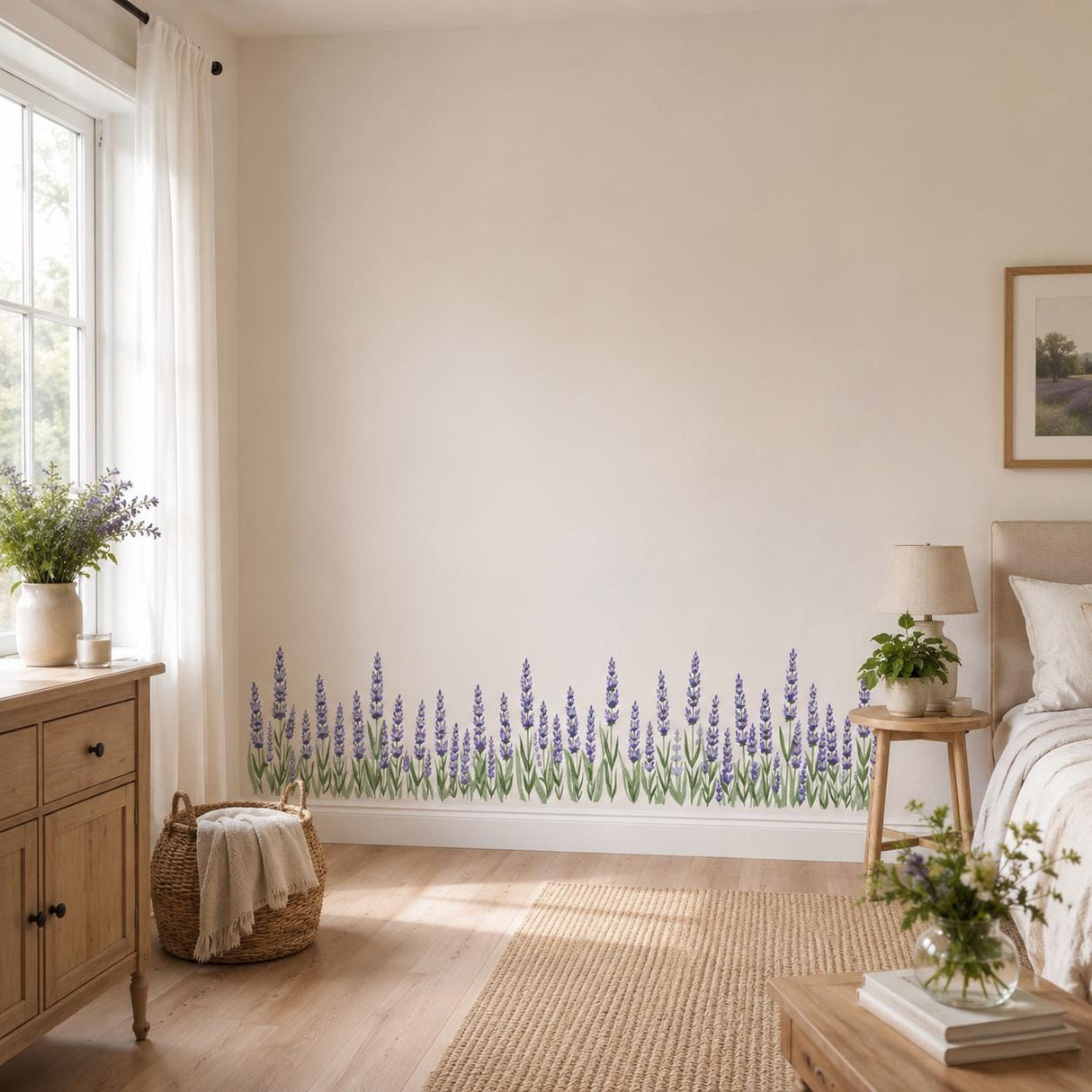 Lavender Border Wall Vinyl Decal | Watercolor Purple Flower Meadow Sticker | Botanical Floral Wall Art | Farmhouse Cottage Kitchen Decor