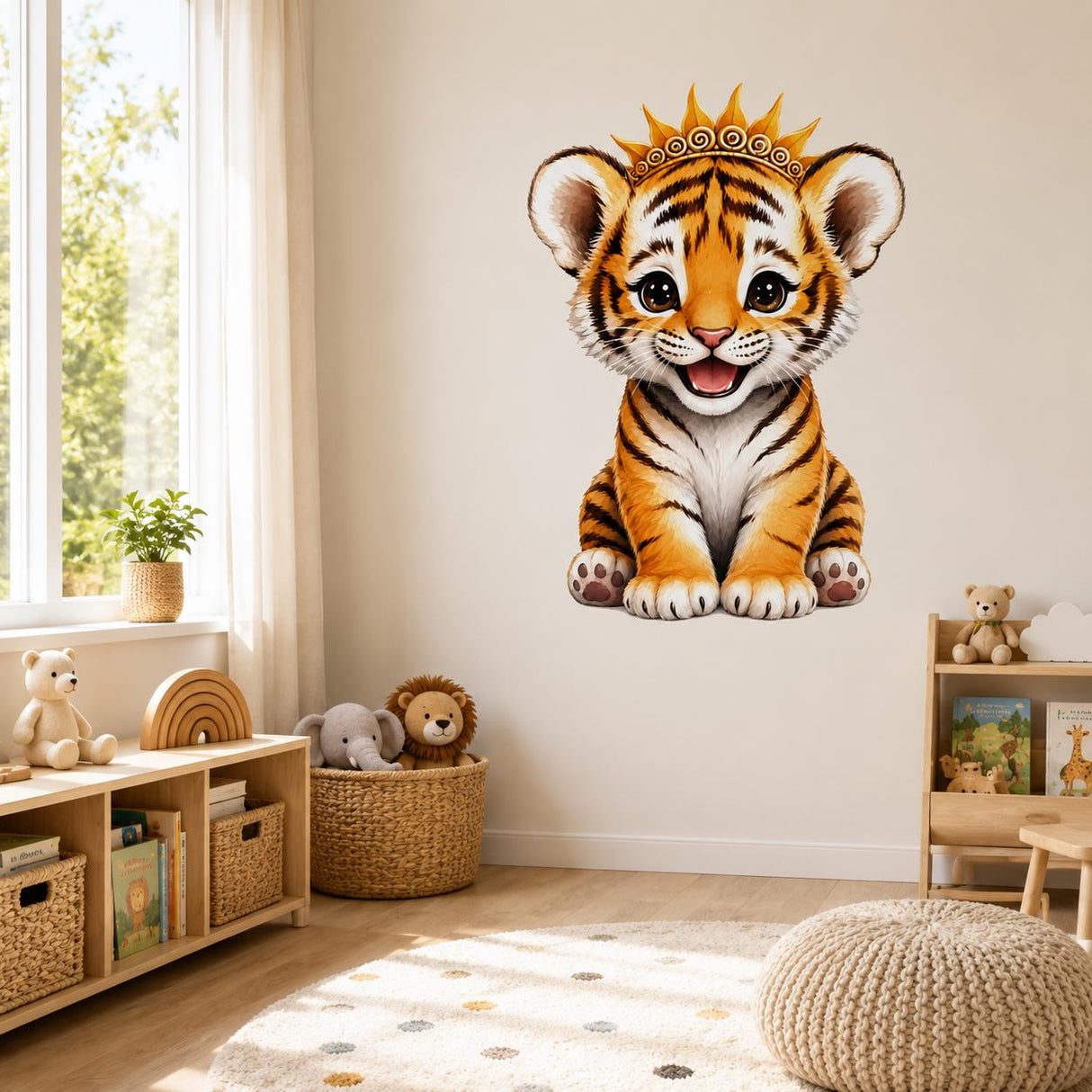 Cute Tiger Cub Wall Vinyl Decal | Baby Tiger With Crown Sticker | Nursery Kids Room Wall Art | Jungle Animal Decor | Little Prince Theme