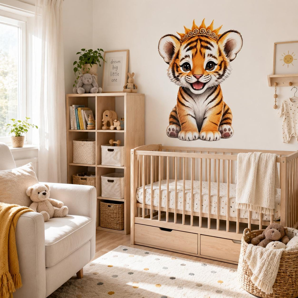 Cute Tiger Cub Wall Vinyl Decal | Baby Tiger With Crown Sticker | Nursery Kids Room Wall Art | Jungle Animal Decor | Little Prince Theme