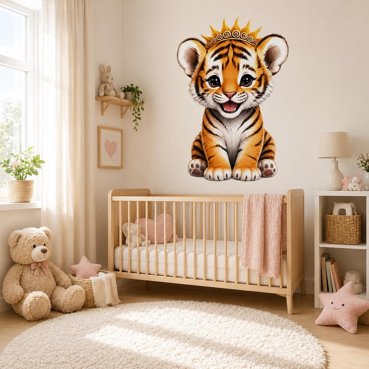 Cute Tiger Cub Wall Vinyl Decal | Baby Tiger With Crown Sticker | Nursery Kids Room Wall Art | Jungle Animal Decor | Little Prince Theme