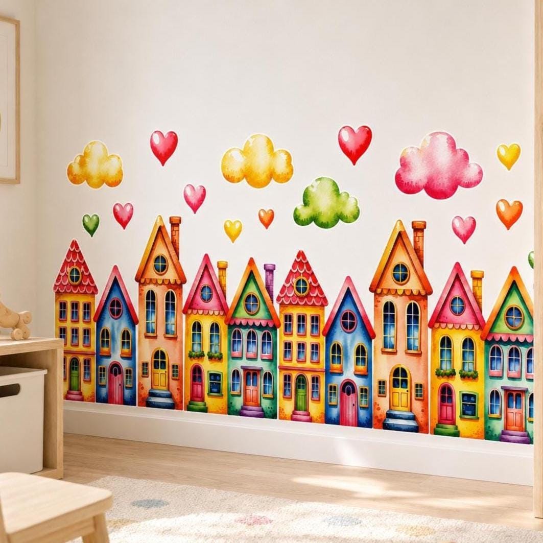 Watercolor wall vinyl decal of colorful rainbow houses in a row with cute clouds and floating hearts above, designed as bright kids room wall art.