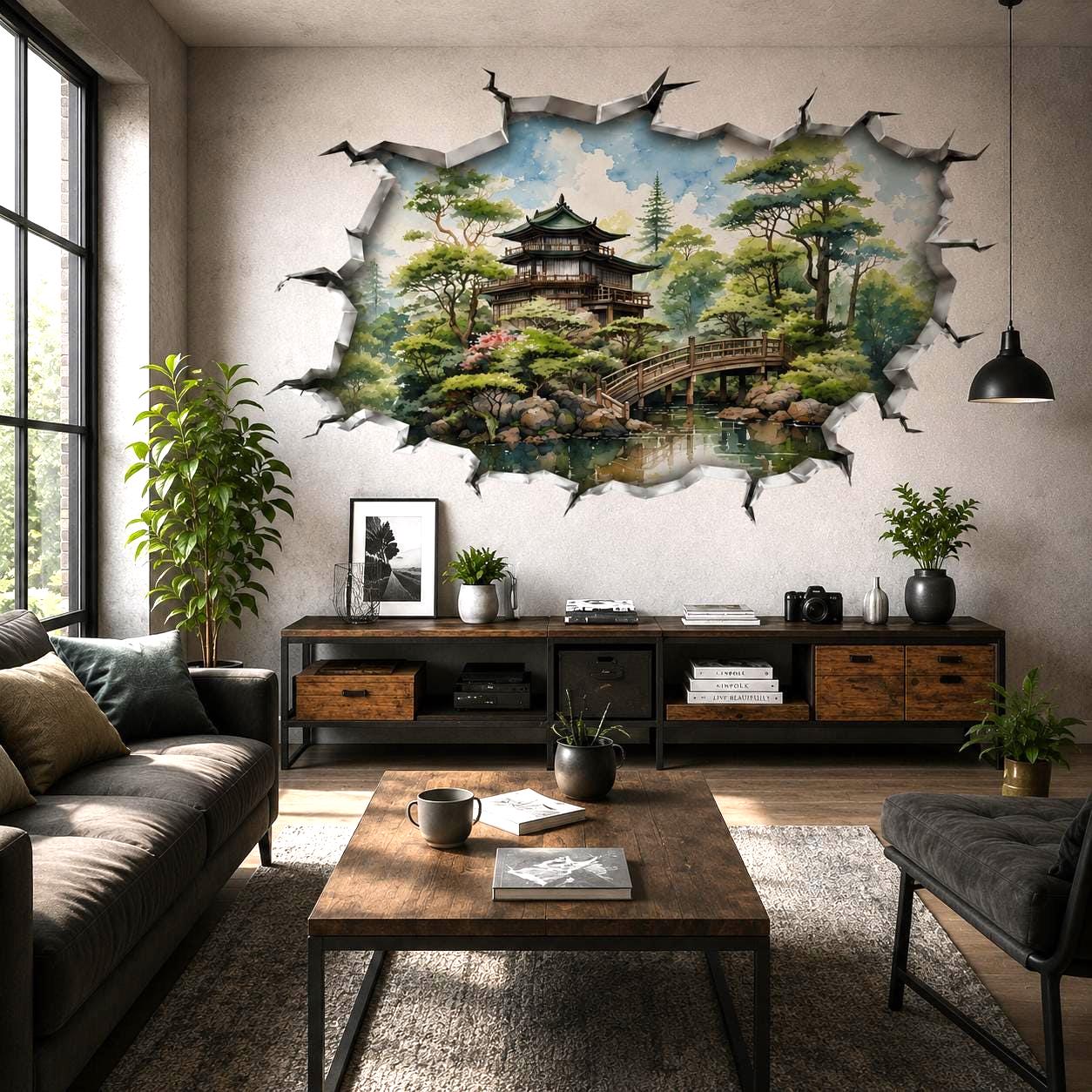 3D Japanese Garden Wall Decal | Pagoda Bridge Portal | Decords