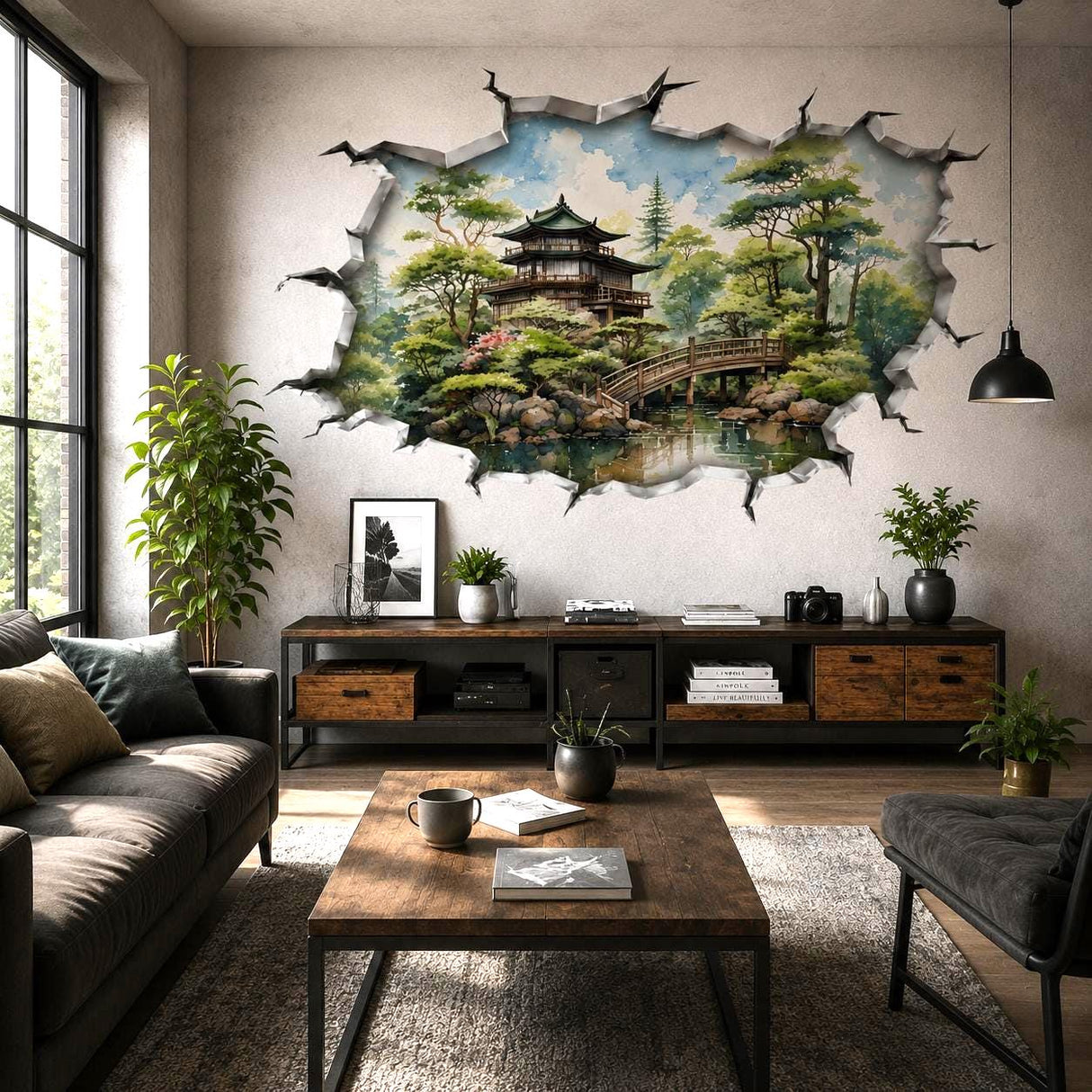 3D Japanese Garden Wall Vinyl Decal | Zen Pagoda Bridge Broken Wall Illusion Sticker | Watercolor Landscape Wall Art | Spa Yoga Decor